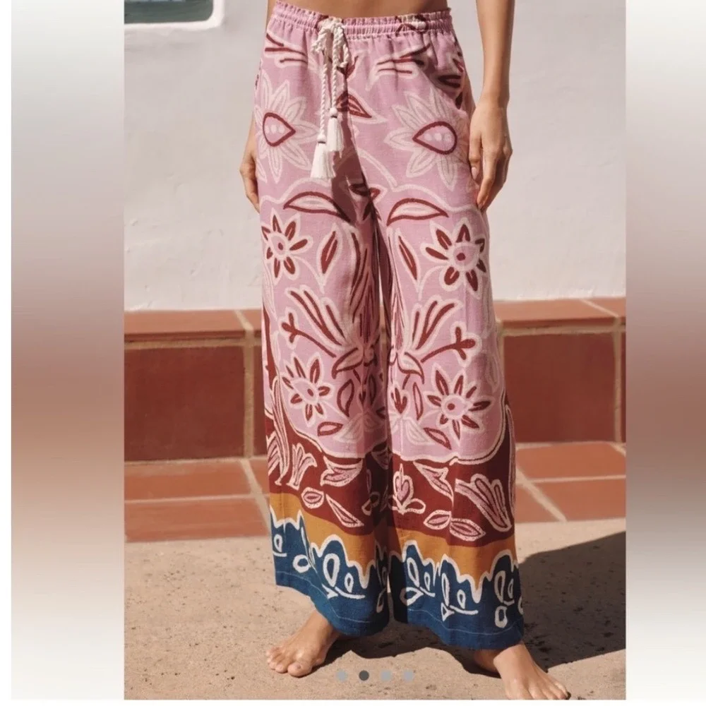 Celandine Pink Floral Woodblock Print Wide Leg Linen Blend Pants Small Boho - Picture 2 of 8